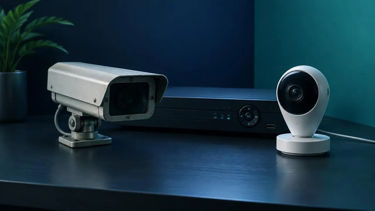 Старая аналоговая камера рядом с современной IP-камерой и видеорегистратором